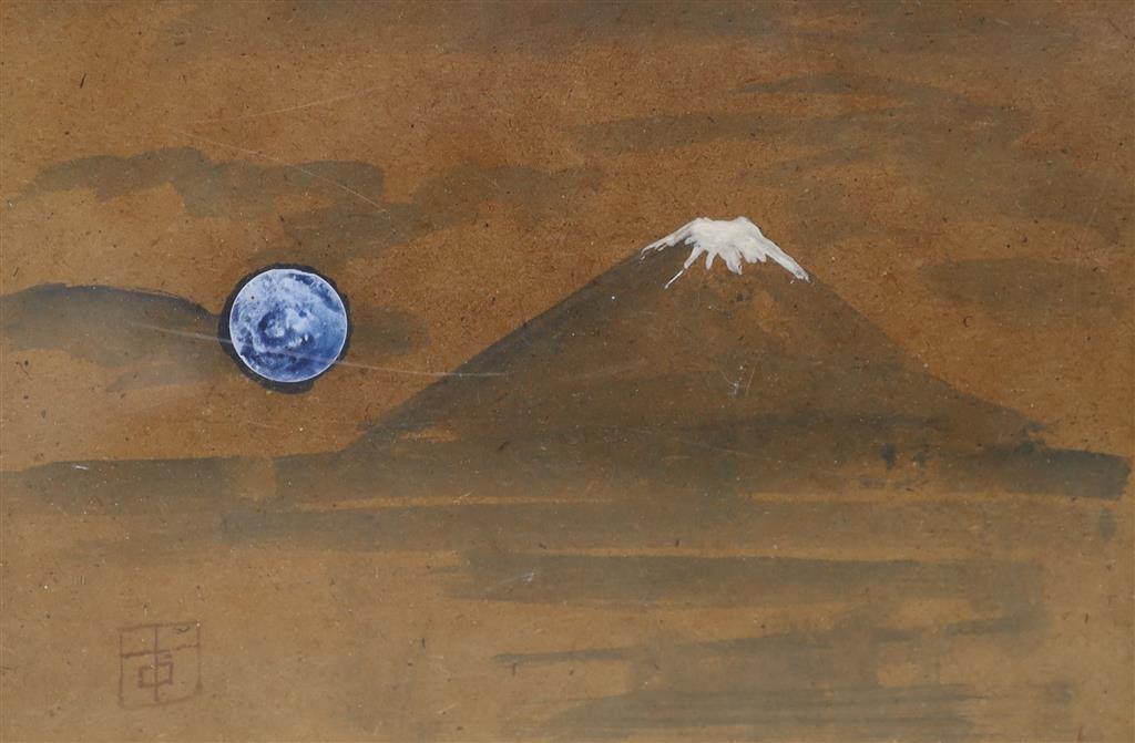 20th century Japanese School, gouache and watercolour, Moon and Mount Fuji, monogrammed, 16 x 24cm